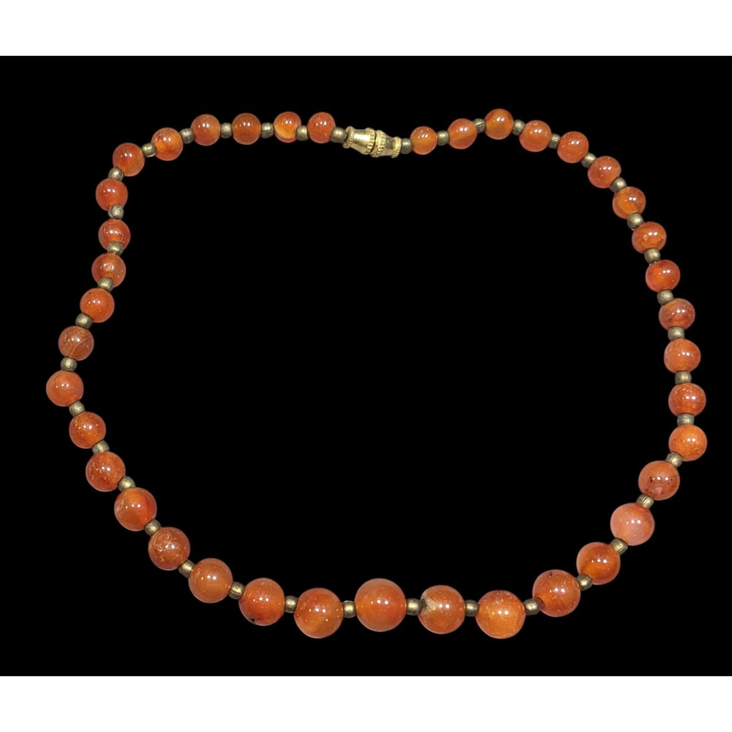 Vintage Polished Carnelian Beaded Necklace With Gold Tone Accent Beads