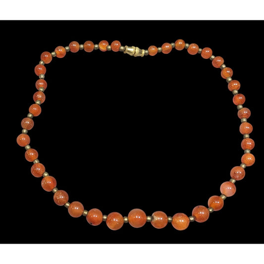 Vintage Polished Carnelian Beaded Necklace With Gold Tone Accent Beads