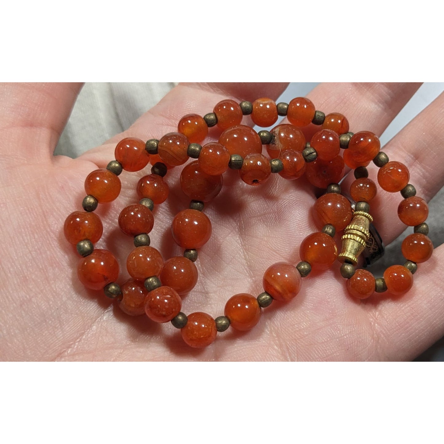 Vintage Polished Carnelian Beaded Necklace With Gold Tone Accent Beads