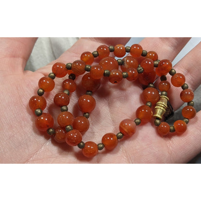 Vintage Polished Carnelian Beaded Necklace With Gold Tone Accent Beads