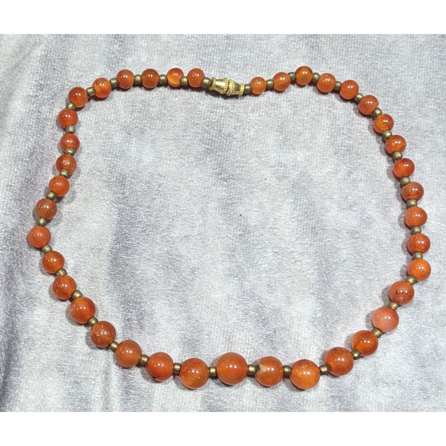 Vintage Polished Carnelian Beaded Necklace With Gold Tone Accent Beads