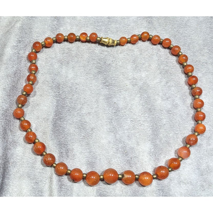Vintage Polished Carnelian Beaded Necklace With Gold Tone Accent Beads