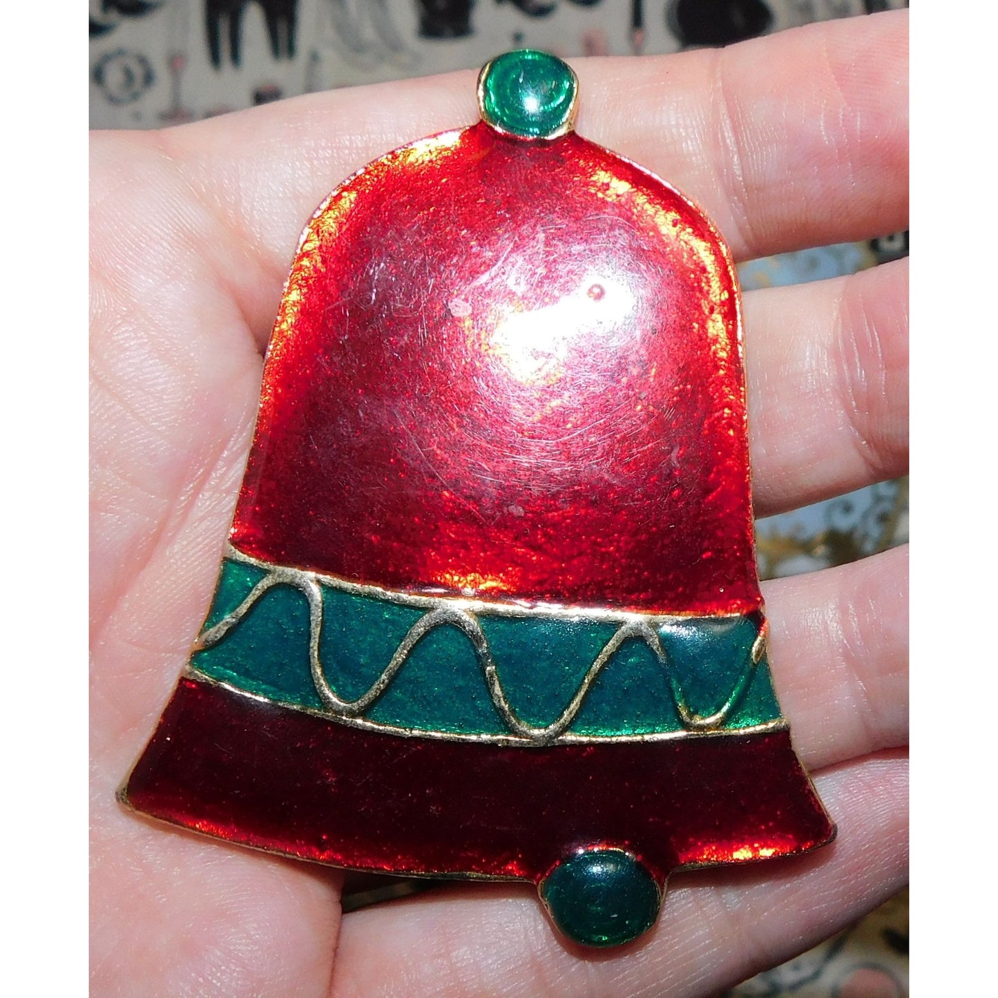 Large Vintage Enamel Holiday Bell Brooch