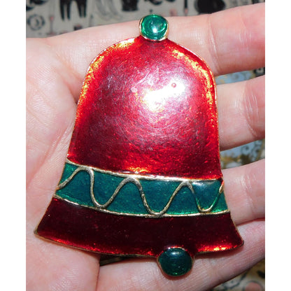 Large Vintage Enamel Holiday Bell Brooch