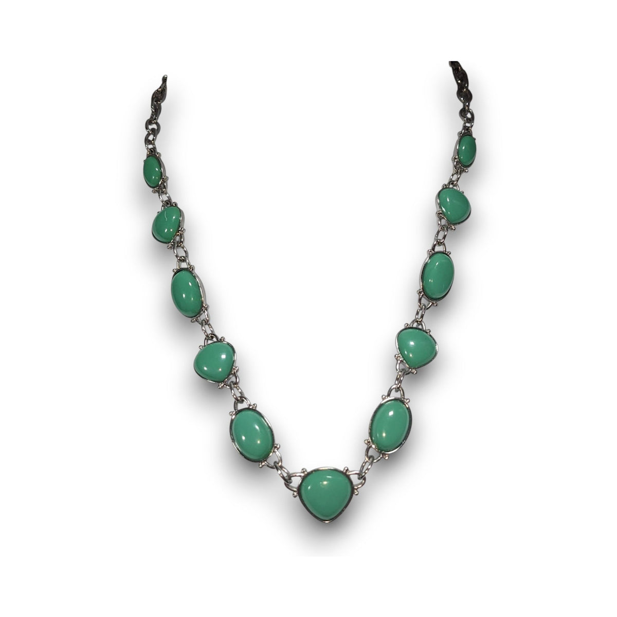 Boho Faux Stone Green Silver Tone Cabochon Necklace 16 Inch Preowned