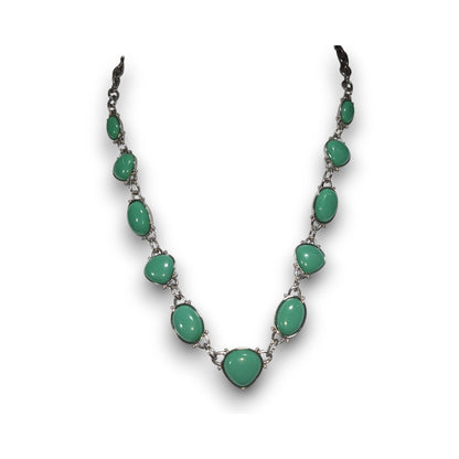 Boho Faux Stone Green Silver Tone Cabochon Necklace 16 Inch Preowned