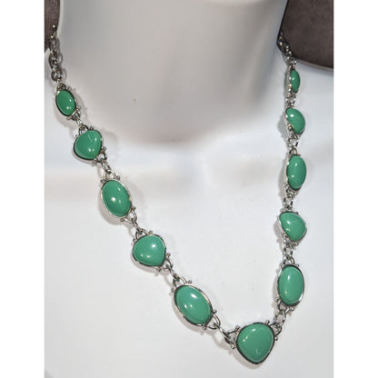 Boho Faux Stone Green Silver Tone Cabochon Necklace 16 Inch Preowned