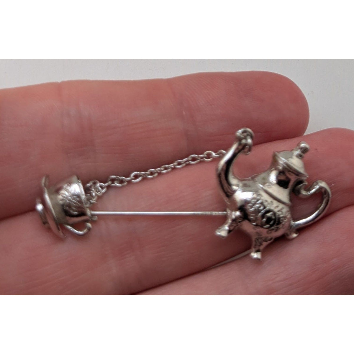 Avon Vintage Whimsical Silver Tone Teapot Teacup Stick Pin 2 Inch