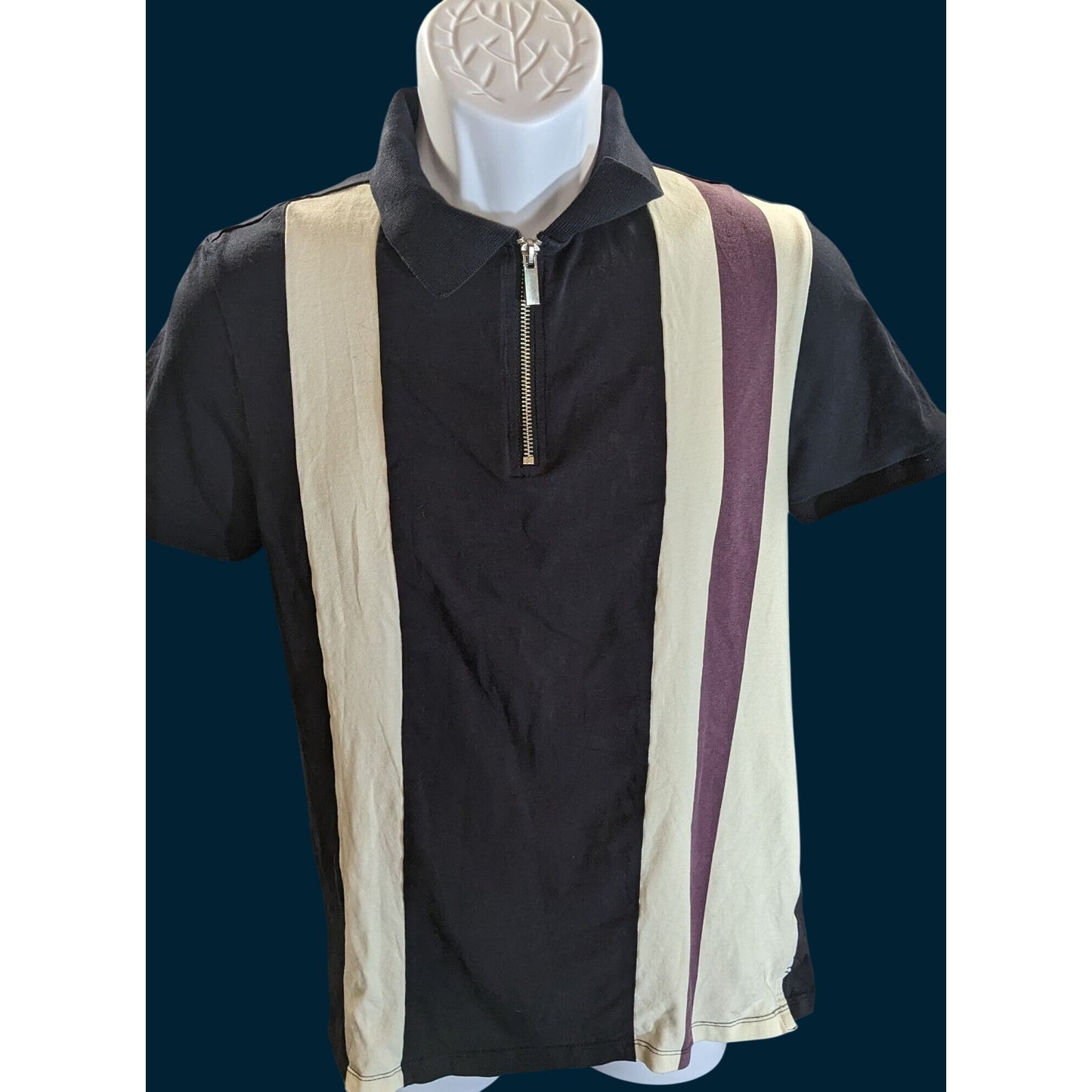 Primark Mens Medium Striped Zip Polo Shirt Black Beige Purple Short Sleeve