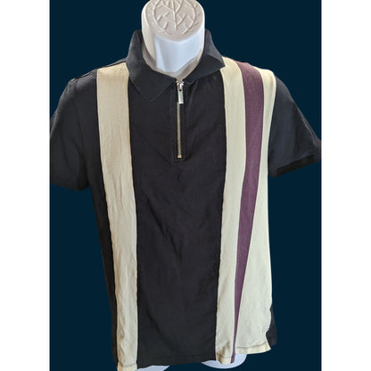 Primark Mens Medium Striped Zip Polo Shirt Black Beige Purple Short Sleeve