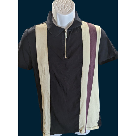 Primark Mens Medium Striped Zip Polo Shirt Black Beige Purple Short Sleeve