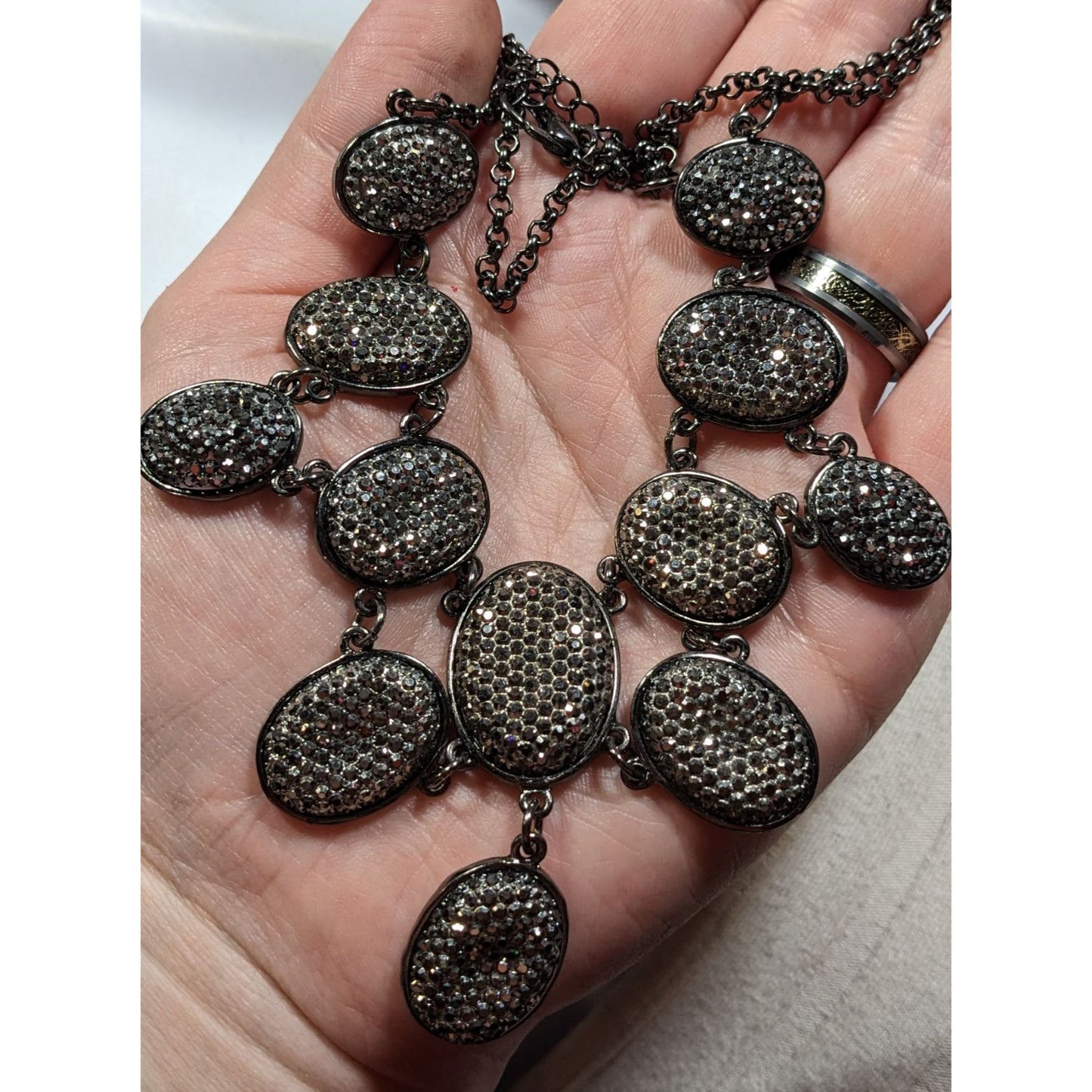 Glam Goth Sparkly Pave Silver Tone Rhinestone Bib Necklace