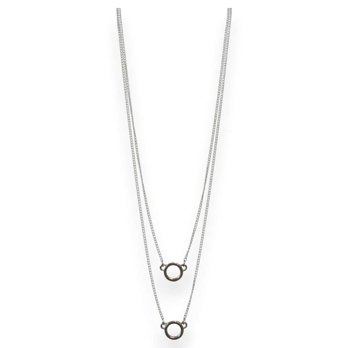 Minimalist Industrial Silver Tone Layered Circle Necklace 26 Inch