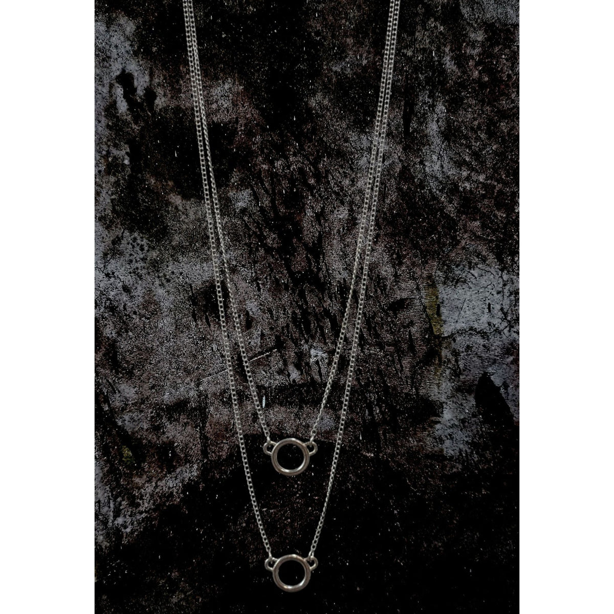 Minimalist Industrial Silver Tone Layered Circle Necklace 26 Inch