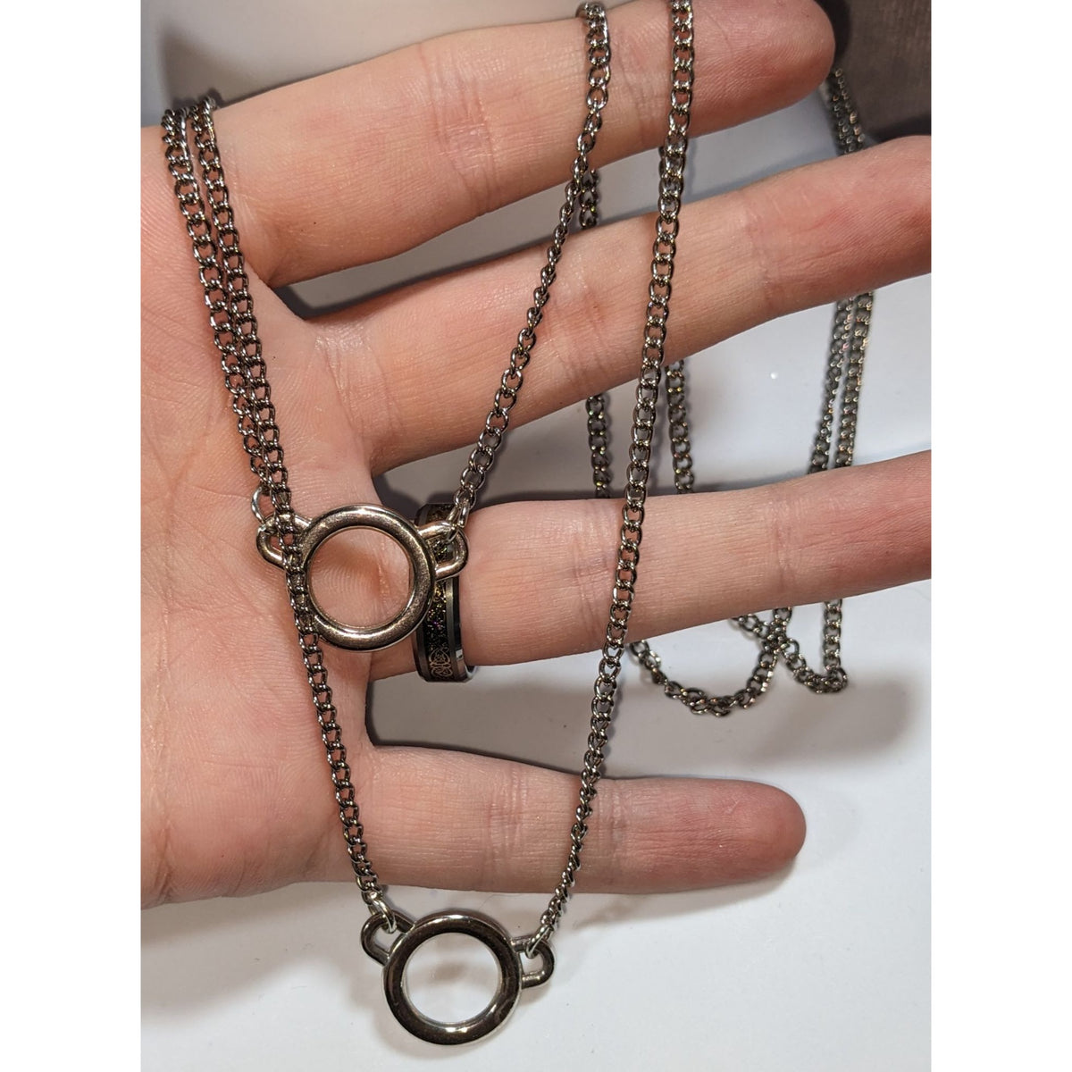 Minimalist Industrial Silver Tone Layered Circle Necklace 26 Inch
