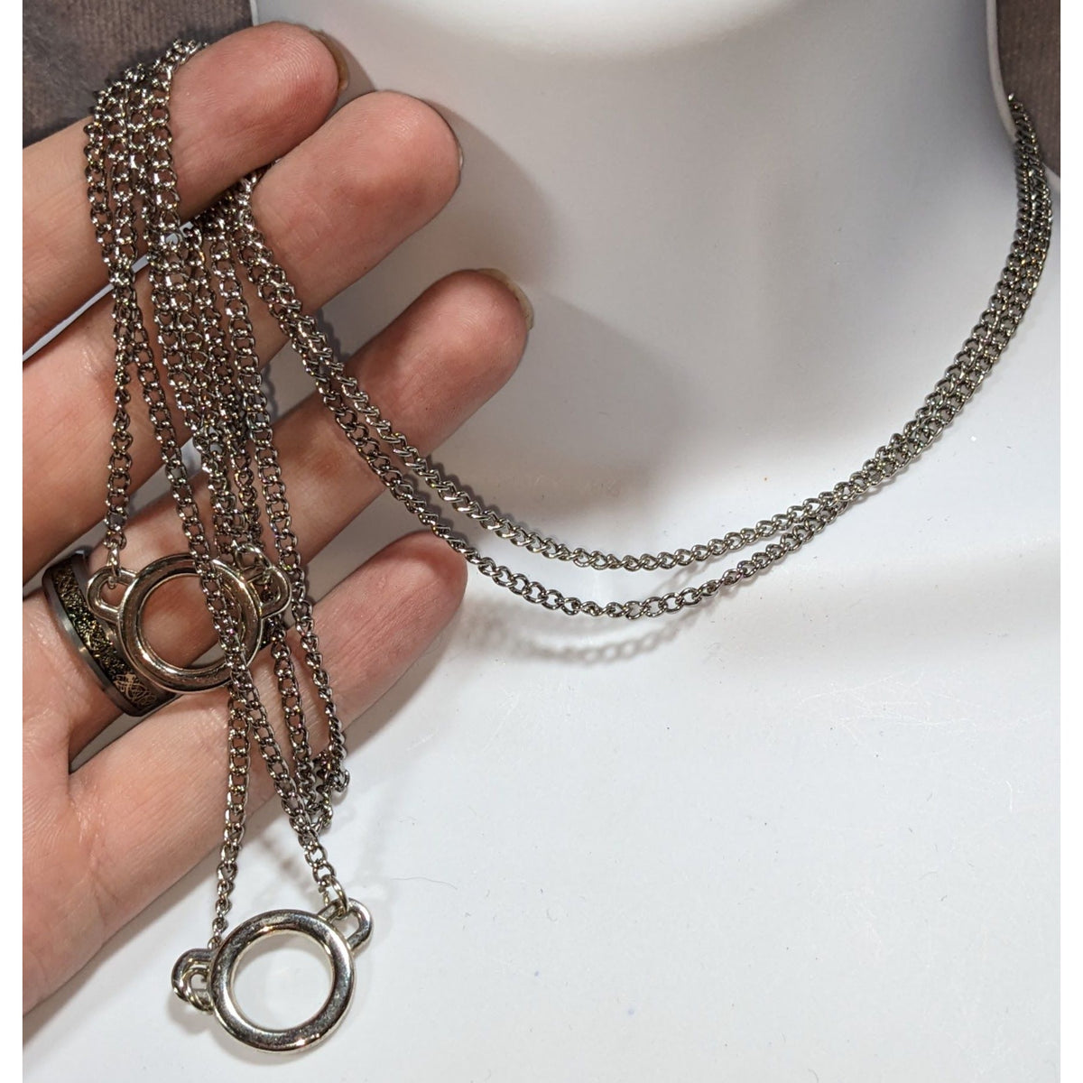 Minimalist Industrial Silver Tone Layered Circle Necklace 26 Inch
