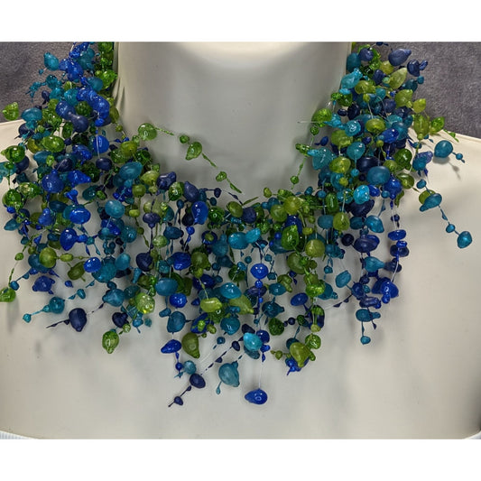 Vintage Fairycore Handmade Blue & Green Beaded Fringe Necklace