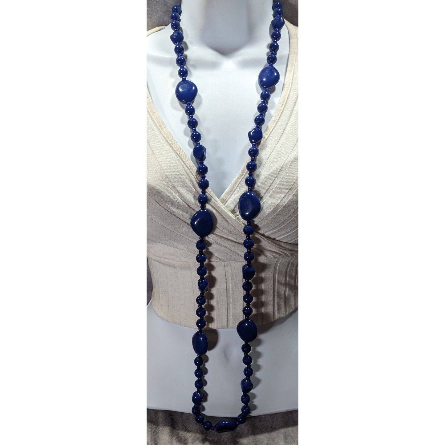 Chunky Retro Dark Blue Beaded Opera Necklace