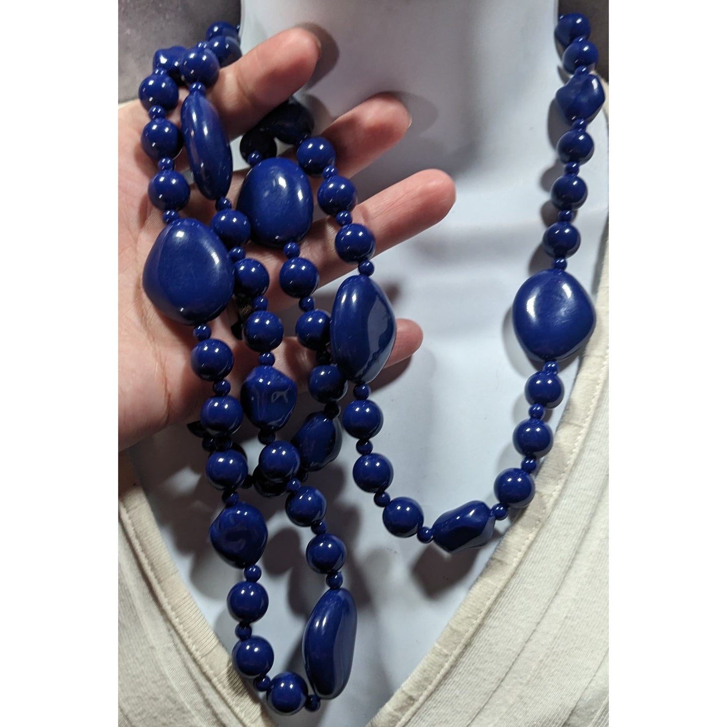 Chunky Retro Dark Blue Beaded Opera Necklace