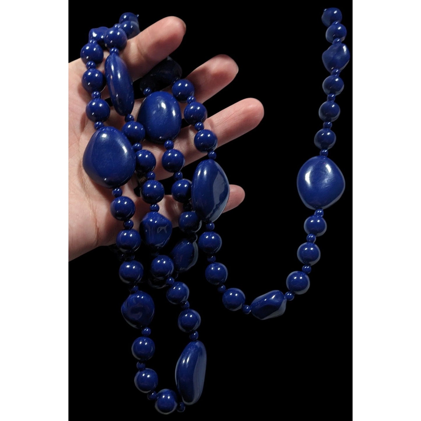 Chunky Retro Dark Blue Beaded Opera Necklace