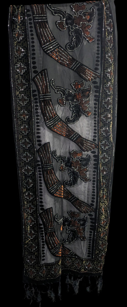 Vintage Glitter Burnt Velvet Floral Scarf With Fringe Elegant Sheer Black & Orange Accents