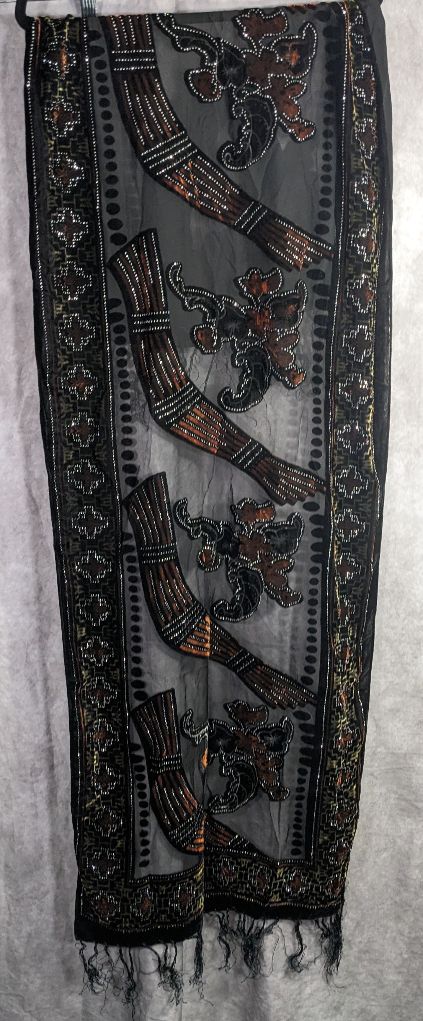 Vintage Glitter Burnt Velvet Floral Scarf With Fringe Elegant Sheer Black & Orange Accents