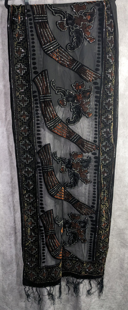 Vintage Glitter Burnt Velvet Floral Scarf With Fringe Elegant Sheer Black & Orange Accents