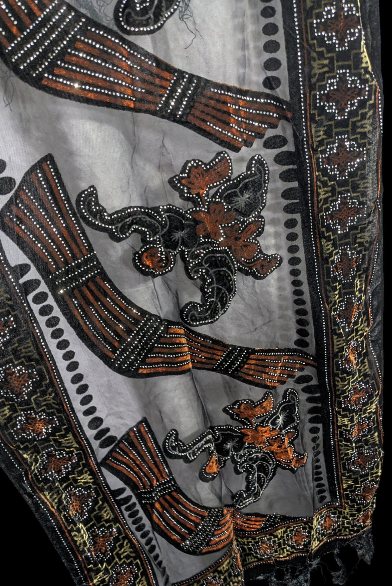 Vintage Glitter Burnt Velvet Floral Scarf With Fringe Elegant Sheer Black & Orange Accents