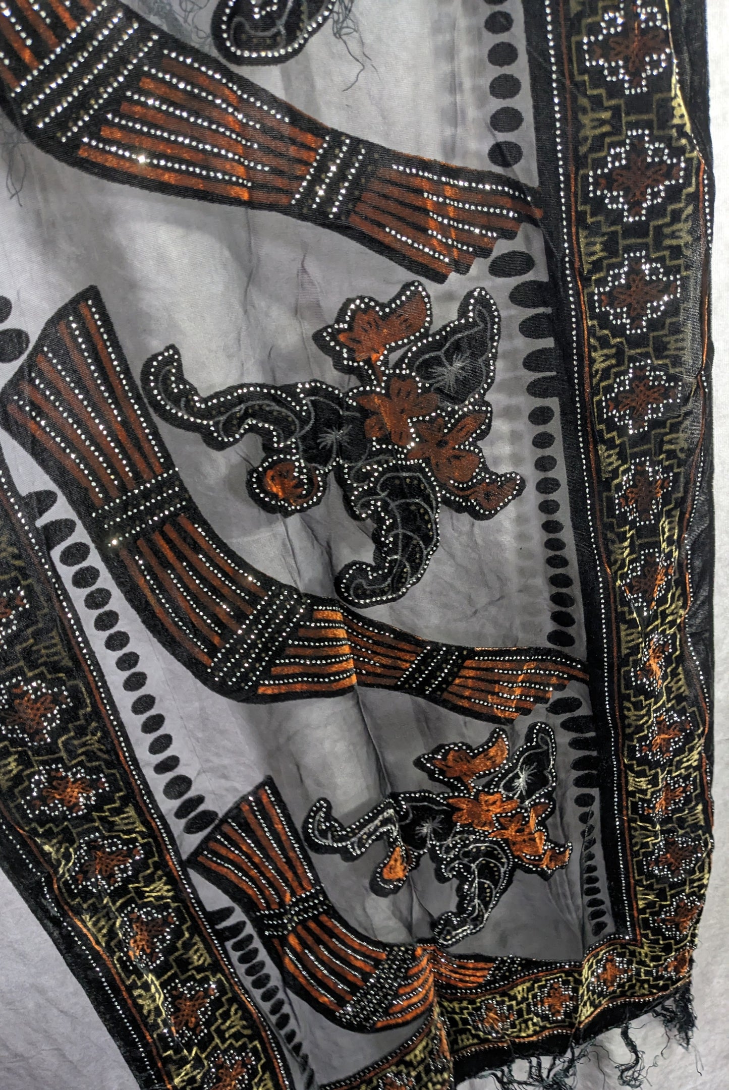 Vintage Glitter Burnt Velvet Floral Scarf With Fringe Elegant Sheer Black & Orange Accents