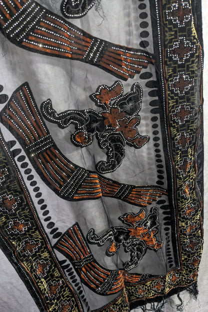 Vintage Glitter Burnt Velvet Floral Scarf With Fringe Elegant Sheer Black & Orange Accents