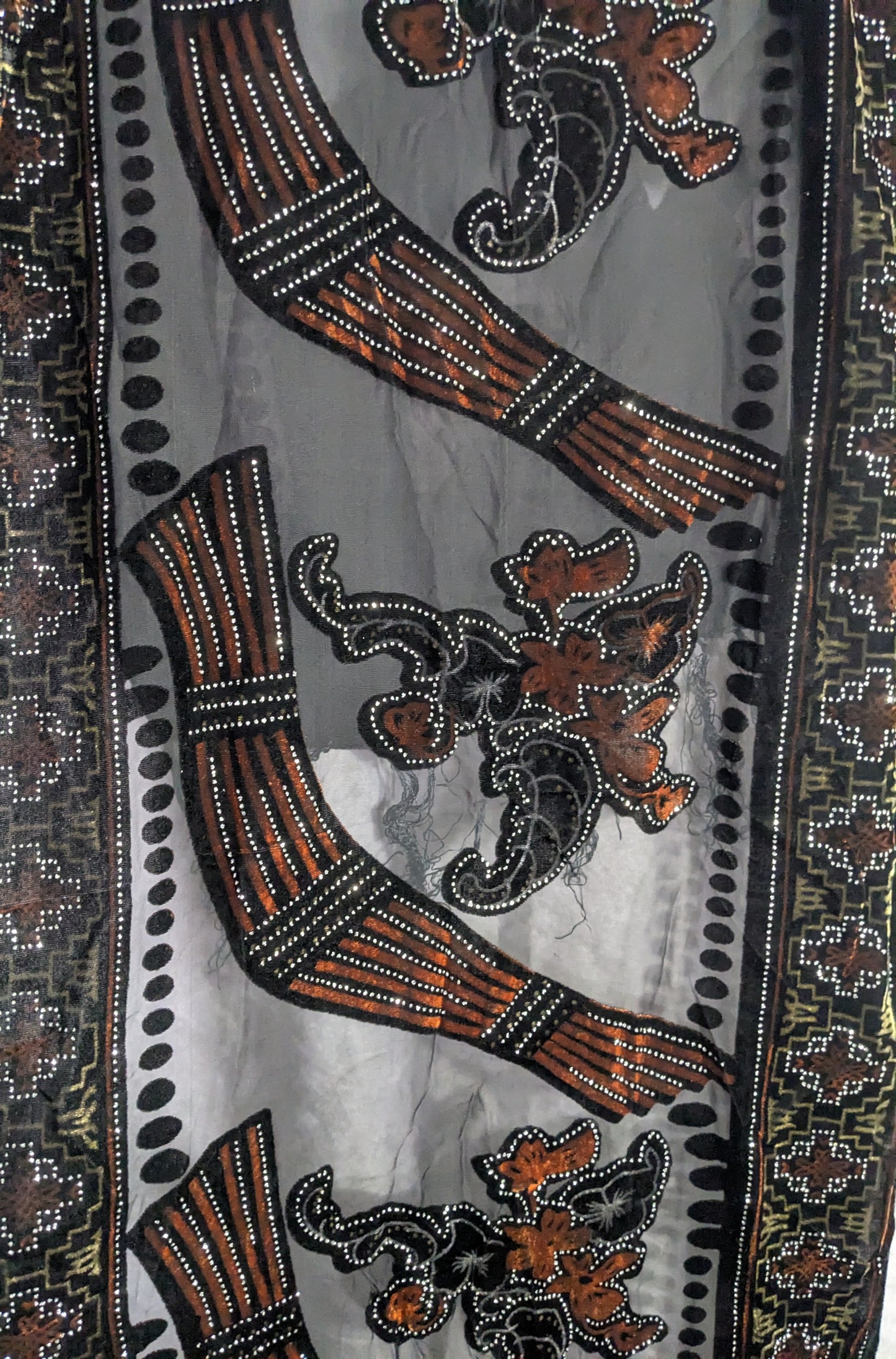 Vintage Glitter Burnt Velvet Floral Scarf With Fringe Elegant Sheer Black & Orange Accents