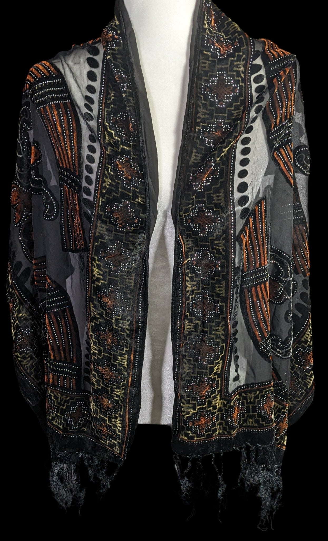 Vintage Glitter Burnt Velvet Floral Scarf With Fringe Elegant Sheer Black & Orange Accents