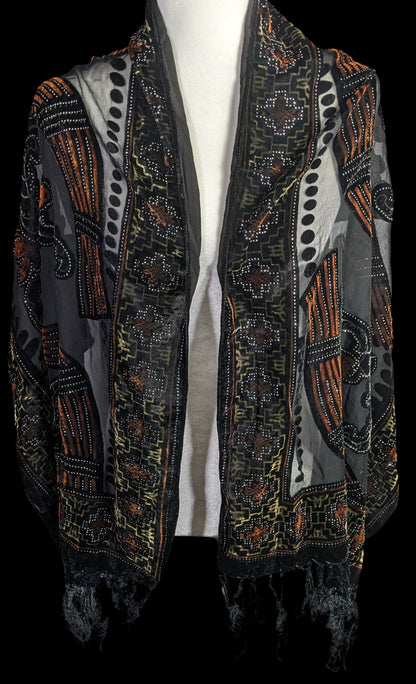Vintage Glitter Burnt Velvet Floral Scarf With Fringe Elegant Sheer Black & Orange Accents