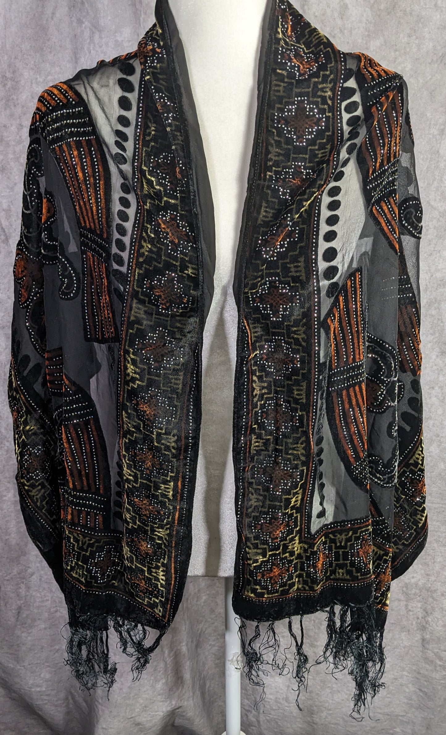 Vintage Glitter Burnt Velvet Floral Scarf With Fringe Elegant Sheer Black & Orange Accents