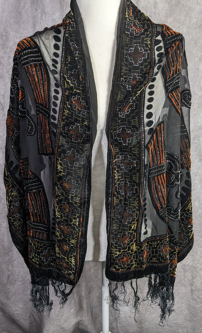 Vintage Glitter Burnt Velvet Floral Scarf With Fringe Elegant Sheer Black & Orange Accents