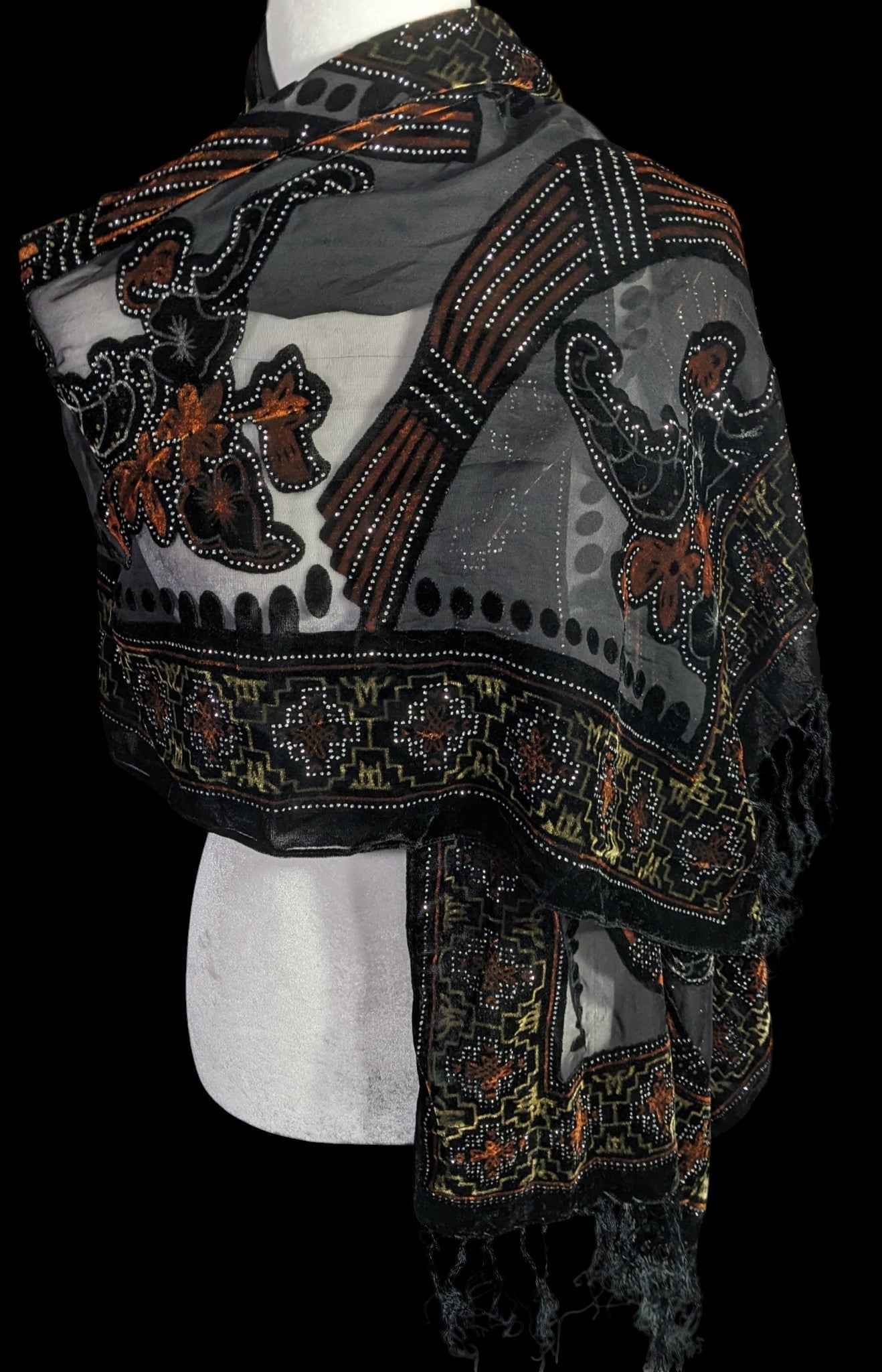 Vintage Glitter Burnt Velvet Floral Scarf With Fringe Elegant Sheer Black & Orange Accents