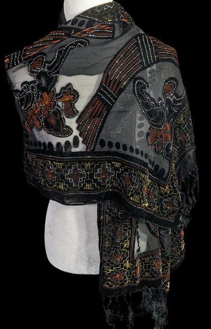 Vintage Glitter Burnt Velvet Floral Scarf With Fringe Elegant Sheer Black & Orange Accents