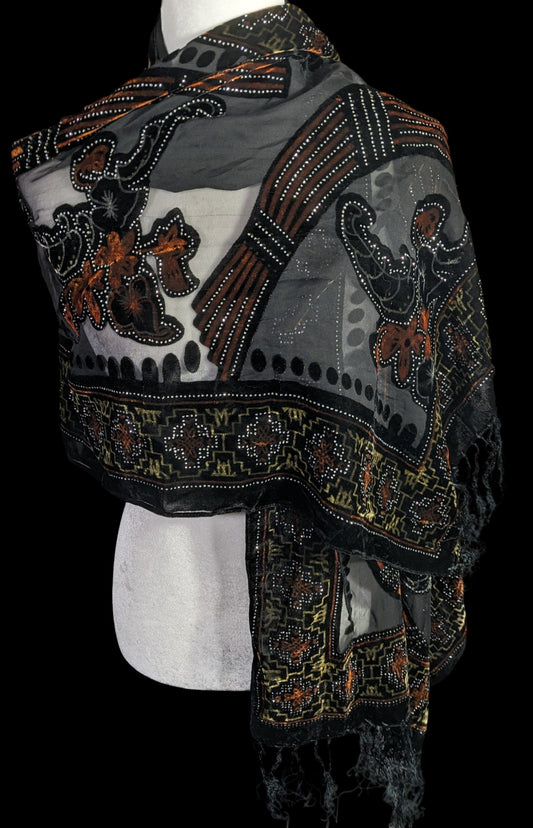 Vintage Glitter Burnt Velvet Floral Scarf With Fringe Elegant Sheer Black & Orange Accents