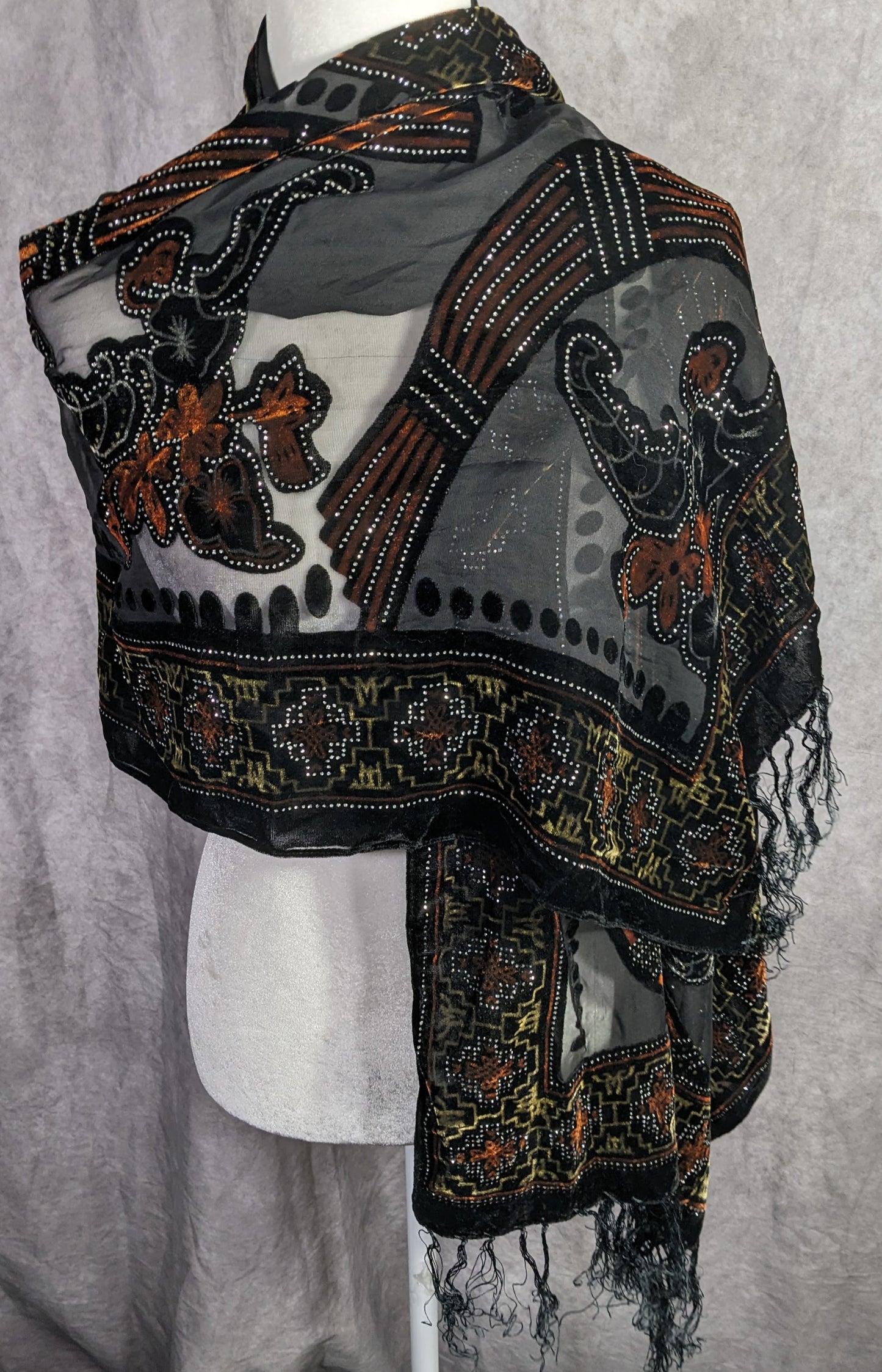Vintage Glitter Burnt Velvet Floral Scarf With Fringe Elegant Sheer Black & Orange Accents