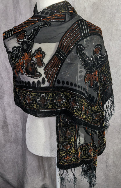 Vintage Glitter Burnt Velvet Floral Scarf With Fringe Elegant Sheer Black & Orange Accents