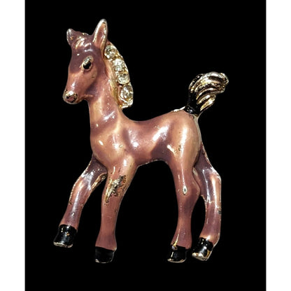 Vintage Horse Foal Brown Enamel Rhinestone Brooch