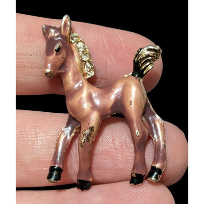 Vintage Horse Foal Brown Enamel Rhinestone Brooch