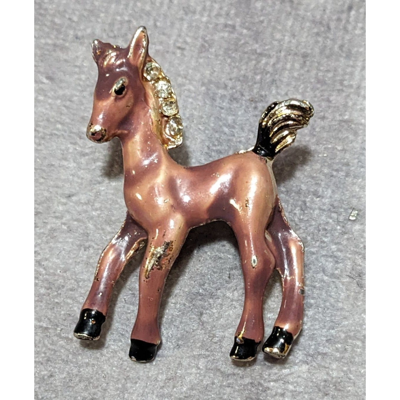 Vintage Horse Foal Brown Enamel Rhinestone Brooch