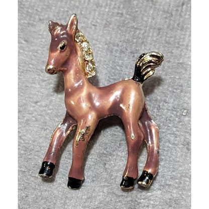 Vintage Horse Foal Brown Enamel Rhinestone Brooch