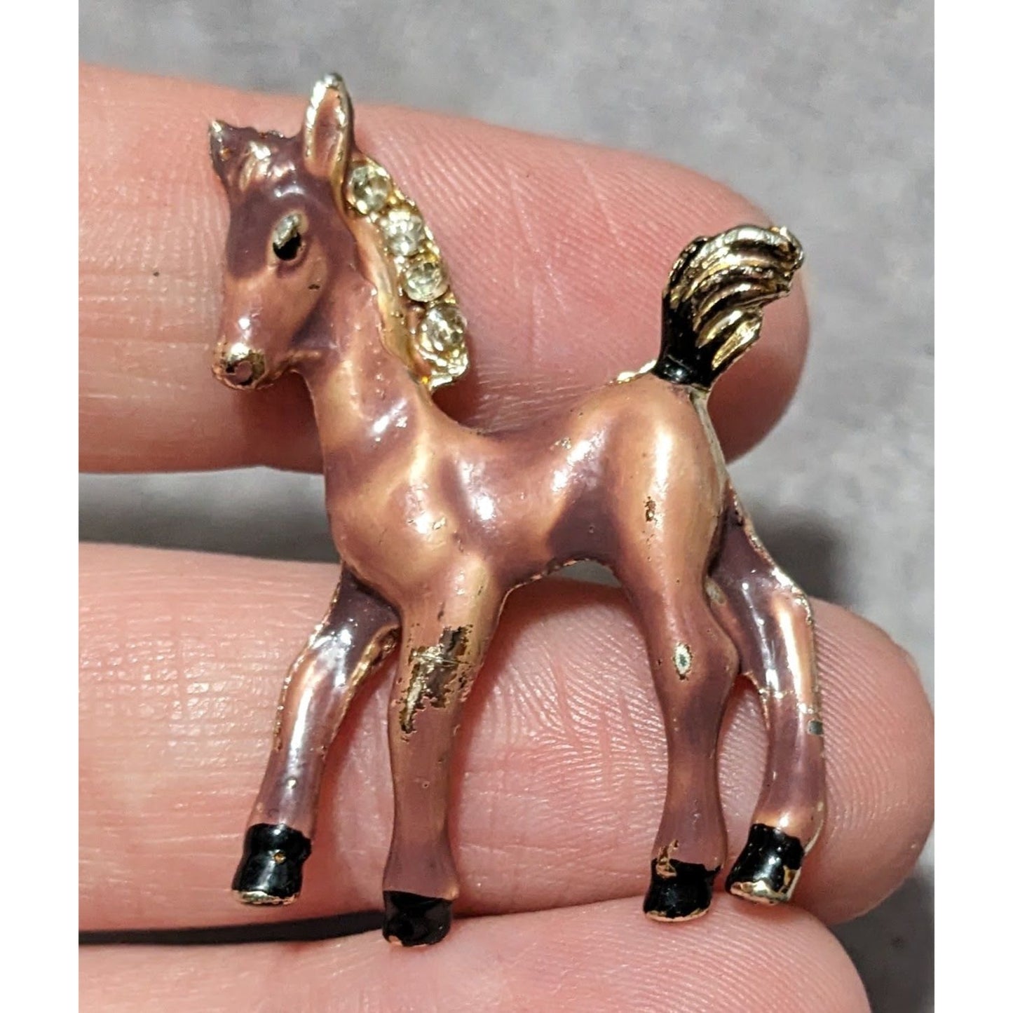 Vintage Horse Foal Brown Enamel Rhinestone Brooch