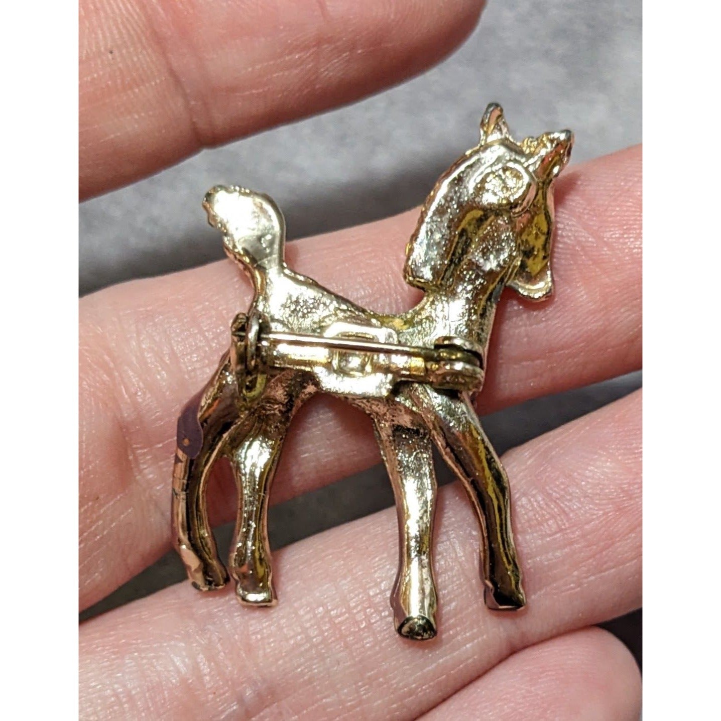 Vintage Horse Foal Brown Enamel Rhinestone Brooch