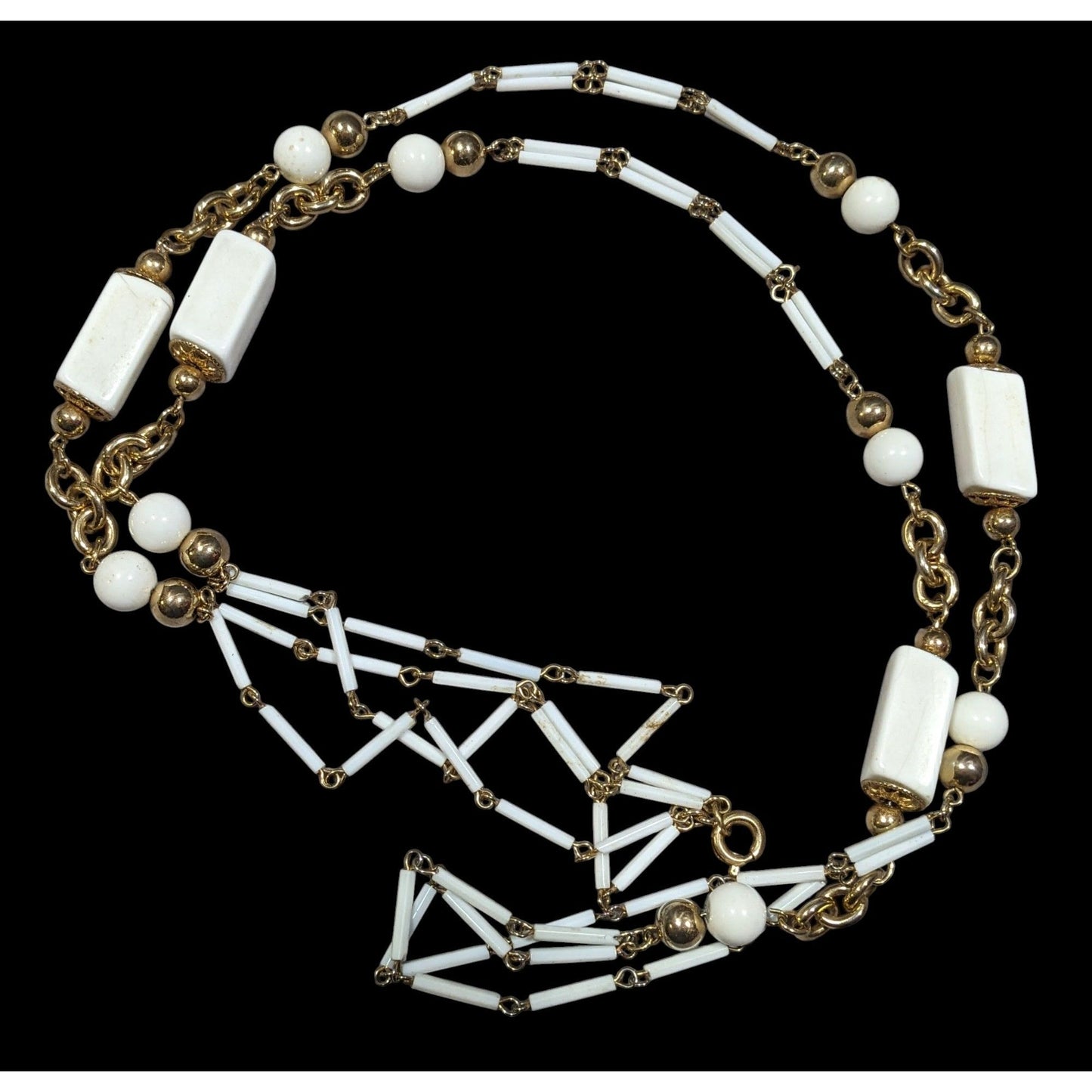 Vintage Glam White And Gold Tone Beaded Chain Opera Necklace