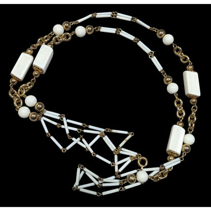 Vintage Glam White And Gold Tone Beaded Chain Opera Necklace