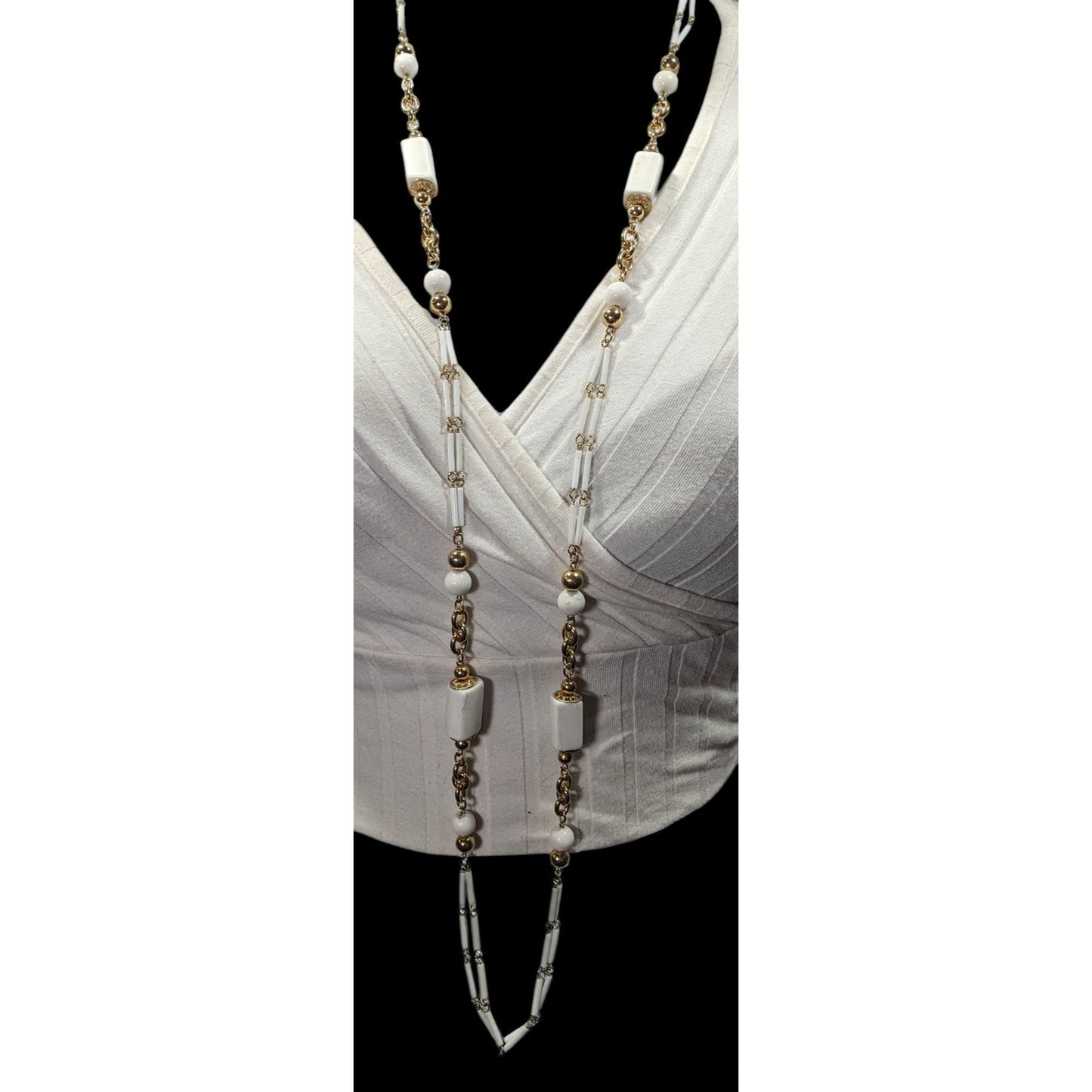Vintage Glam White And Gold Tone Beaded Chain Opera Necklace