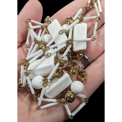 Vintage Glam White And Gold Tone Beaded Chain Opera Necklace